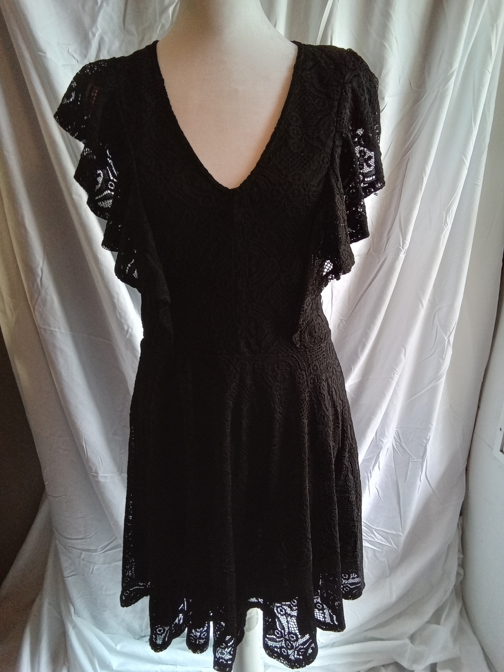 miami Black Lace V-Neck Mini Dress with Flutter Sleeves M